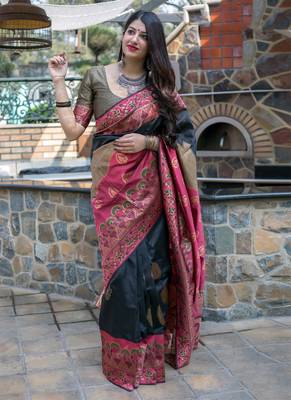 Black woven banarasi art silk blend saree with blouse 1