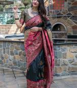 Black woven banarasi art silk blend saree with blouse