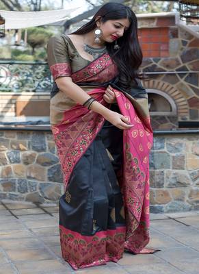 Black woven banarasi art silk blend saree with blouse 2