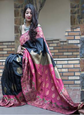 Black woven banarasi art silk blend saree with blouse 3