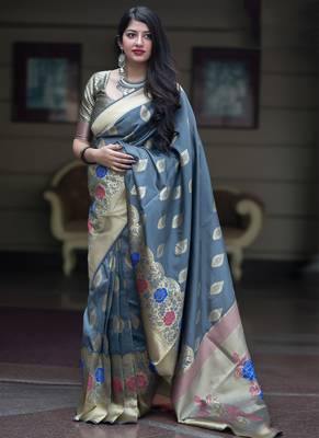 Grey woven banarasi art silk blend saree with blouse 1