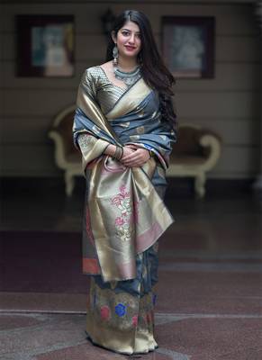 Grey woven banarasi art silk blend saree with blouse 2