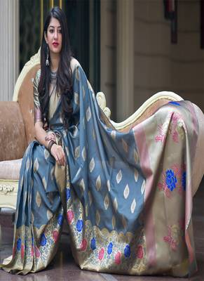 Grey woven banarasi art silk blend saree with blouse 3