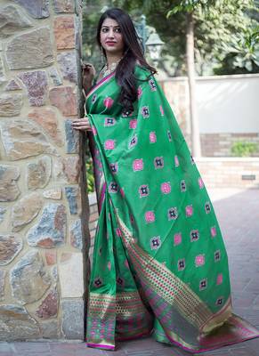 Green woven banarasi art silk blend saree with blouse 2