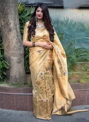 Cream woven banarasi art silk blend saree with blouse 1