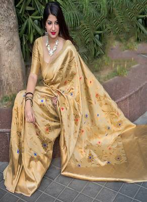 Cream woven banarasi art silk blend saree with blouse 2