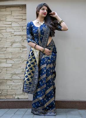 Navy blue woven banarasi art silk blend saree with blouse 1