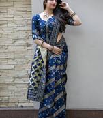 Navy blue woven banarasi art silk blend saree with blouse