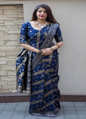Navy blue woven banarasi art silk blend saree with blouse 2