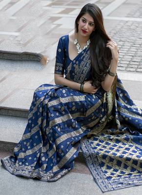 Navy blue woven banarasi art silk blend saree with blouse 3