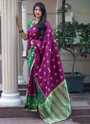 Rani pink woven banarasi art silk blend saree with blouse 1
