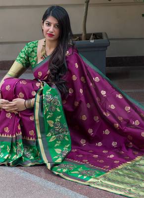 Rani pink woven banarasi art silk blend saree with blouse 2
