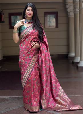 Dark pink woven banarasi art silk blend saree with blouse 1