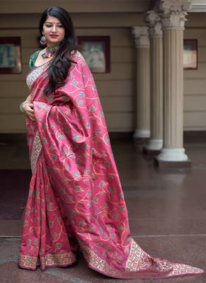 Dark pink woven banarasi art silk blend saree with blouse 2