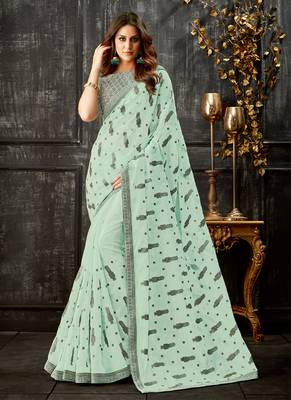 Sea Green Printed Tissue Saree With Blouse 1