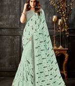 Sea Green Printed Tissue Saree With Blouse