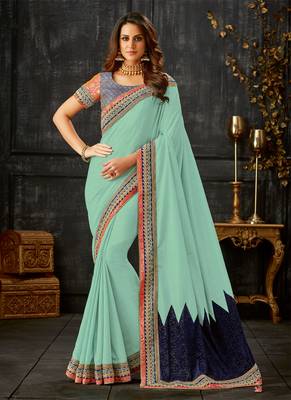 Sea Green Embroidered Silk Blend Saree With Blouse 1