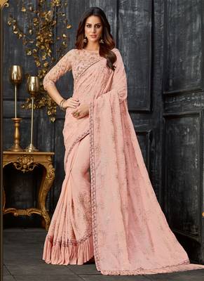 Peach Embroidered Tissue Saree With Blouse 1