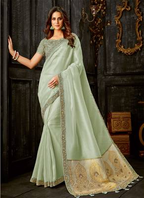 Light Olive Embroidered Tissue Saree With Blouse 1