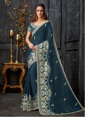 Teal Embroidered Tissue Saree With Blouse 1