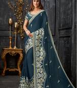 Teal Embroidered Tissue Saree With Blouse