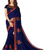 Dark blue embroidered silk blend saree with blouse
