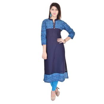 Navy Blue Printed Cotton Kurtis 2