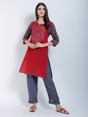 Red Embroidered Cotton Embroidered Kurtis 1