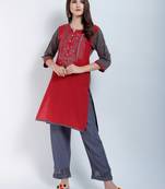 Red Embroidered Cotton Embroidered Kurtis