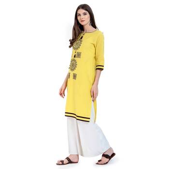 Yellow Embroidered Cotton Embroidered Kurtis 4
