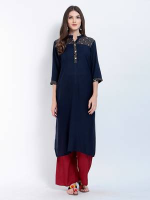 Navy Blue Printed Rayon Kurti 1