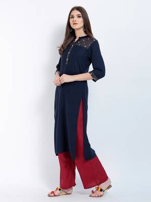 Navy Blue Printed Rayon Kurti 3