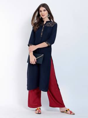Navy Blue Printed Rayon Kurti 4
