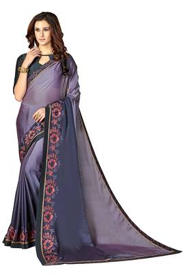 Purple embroidered crepe saree with blouse 1