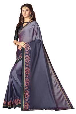 Purple embroidered crepe saree with blouse 4