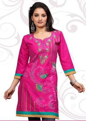 Pink printed cotton short kurtis 1