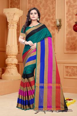 Green Plain Cotton Silk Saree With Blouse 2