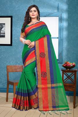 Green Plain Cotton Silk Saree With Blouse 1