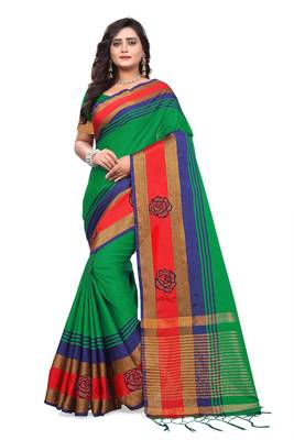 Green Plain Cotton Silk Saree With Blouse 5