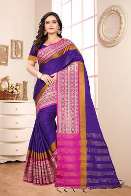 Purple Plain Cotton Silk Saree With Blouse 2