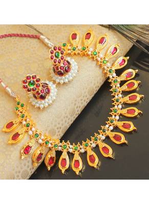 Beautiful Red Green Palakka Designer Necklace Set 1