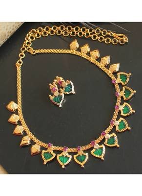 Beautiful Pink Green Palakka Designer Necklace Set Dj21427 1