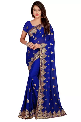 Navy Blue Chiffon Embroidered Party Wear Saree with Blouse