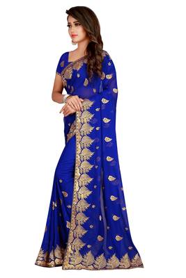 Navy Blue Chiffon Embroidered Party Wear Saree with Blouse 3