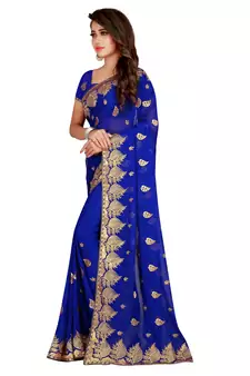 Navy Blue Chiffon Embroidered Party Wear Saree with Blouse
