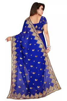 Navy Blue Chiffon Embroidered Party Wear Saree with Blouse