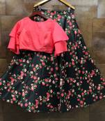 Multicolor Printed Satin Semi Stitched Lehenga With Dupatta