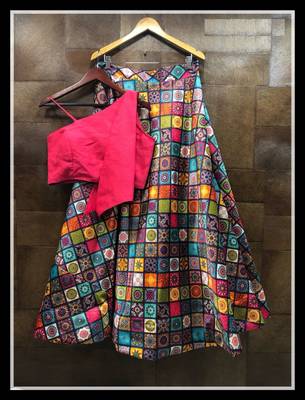 Multicolor Printed Satin Semi Stitched Lehenga With Dupatta 1