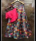 Multicolor Printed Satin Semi Stitched Lehenga With Dupatta