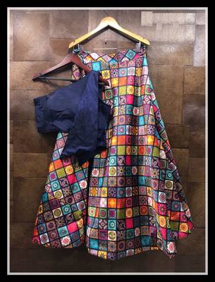Multicolor Printed Satin Semi Stitched Lehenga With Dupatta 1